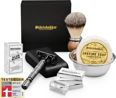 Produktbild von Störtebekker® Premium Rasierset - Rasierhobel Schwarz – inkl. Echtlederetui (Schwarz) - Rasierseife Sandelholz Duft - Rasurset / Bartpflege Set
