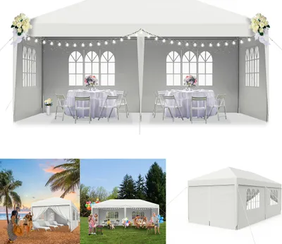 A collage of images showing a white party tent in different settings: set up for an event with tables and chairs, on a beach, and in a garden with people.