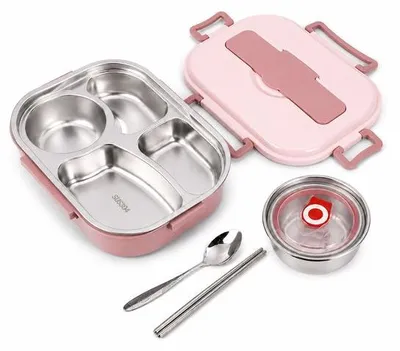 Obrázek produktu pro VHV Lunchbox – Obědová krabička se 4 přihrádkami – Obědová krabička z nerezové oceli – Krabička, která nepropouští tekutiny – Vhodná do myčky – Pro práci i do školy – Růžová barva