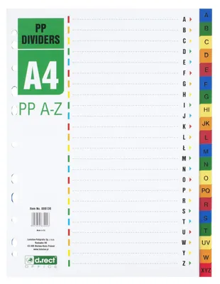 Obrázek produktu pro D.RECT A4, vícebarevné dělicí listy z polypropylenu s 11 otvory a 10 kusy, určené pro organizaci dokumentů v kancelářských pořadačích