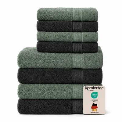 Produktbild von Komfortec 8er Handtuch Set aus 100% Baumwolle, 4 Badetücher 70x140 und 4 Handtücher 50x100 cm, Frottee , Weich,Groß, Schwarz/Hellgrün
