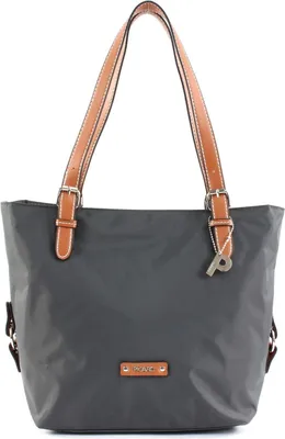 A studio shot of a gray tote bag with brown leather straps.