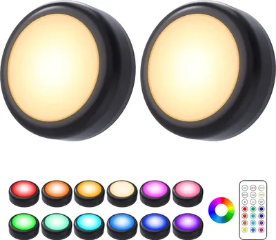 Produktbild von Led Schrankbeleuchtung Batterie, 2er RGB LED Spots Akku mit Fernbedienung, Unterbauleuchte Küche Kabellos Schranklicht Dimmbar Treppen Vitrine Schrank
