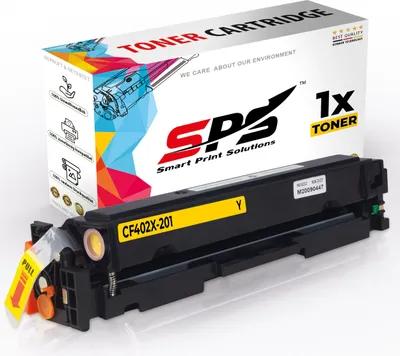 A yellow toner cartridge is shown in front of its packaging.