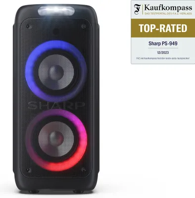 Produktbild von SHARP PS-949 Bluetooth Party-Lautsprecher, 200 Watt, 13 Stunden Spielzeit, Super Bass, LED-Lichteffekte, Mikrofon, schwarz