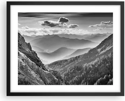 Produktbild von Gerahmtes Poster - Schwarzer Rahmen - Schwarzweiß Landschaft Berge - 50x40 cm - Wand Bild - Wanddeko - Wandbilder - Kunstposter - Wandposter - Bilderrahmen - Bilder - Kunstdruck - P2BAA50x40-4560