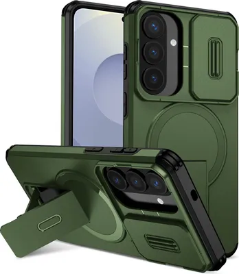 Obrázek produktu pro Magnetické pouzdro pro Samsung Galaxy S26+, dvouvrstvé odolné pouzdro s posuvnou ochranou fotoaparátu a nastavitelným stojánkem Zelená