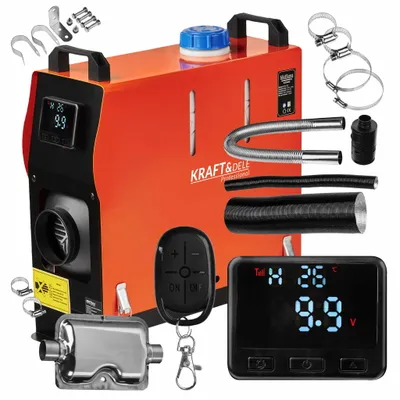 A product shot of a diesel heater and its accessories, laid out on a white background.