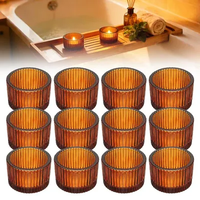 Image de Lot de 12 photophores en verre pour bougies chauffe-plat (12 pièces) - Photophores en verre de 5,5 cm de diamètre et 3,5 cm de hauteur - Photophores en verre pour la décoration d'intérieur