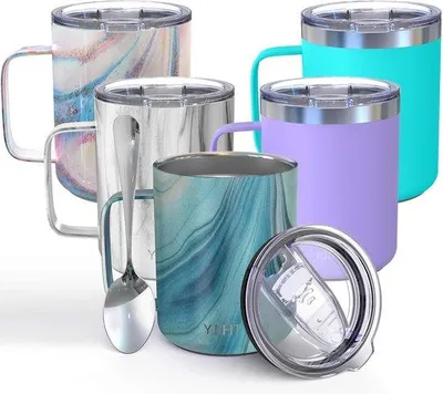 Obrázek produktu pro Izolovaný cestovní hrnek na kávu 350 ml – nerezový hrnek s uchem a víčkem – odolný – udržuje kávu studenou nebo teplou – modré víry