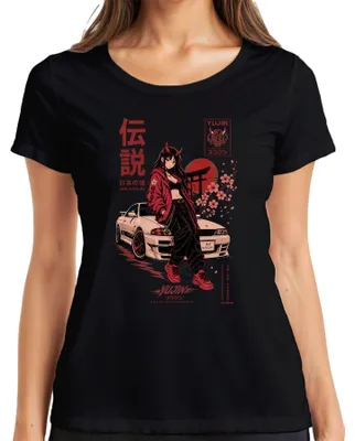 Productafbeelding van JDM Culture Kanto Nightrunner Yujin Anime T-shirt voor dames, Japan, Y2K stijl, met een ontwerp van een Oni, zwart, maat M