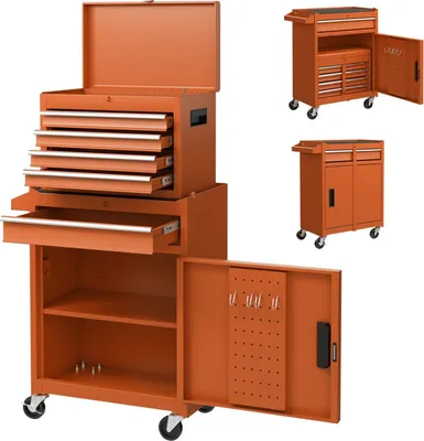 Produktbild von GOPLUS 2 in 1 Werkzeugschrank aus Metall, kombinierter Rollschrank mit tragbarem Werkzeugkasten, mobiler Werkstattwagen mit 5 Schubladen (Orange)