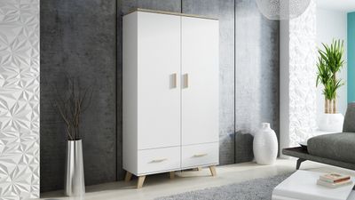 Kleiderschrank Garderobe LOTTA 110cm brilliant weiß / eiche sonoma Stauraumschrank Schlafzimmerschrank 2 Schubladen