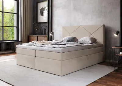 Image de AX LIVING Lit boxspring 160x200 Bratton Beige Velours Coffre de lit Topper