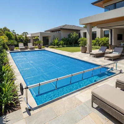 Produktbild von Aluminium Poolabdeckung Aufrollsystem mit Handkurbel, Rädern und 8 Clips, verstellbar von 3 bis 5,7 m für Poolrohre von 7,6 bis 8,1 cm