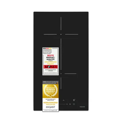 A black induction cooktop with two cooking zones, shown from a top-down perspective on a white background. It features two award badges on the left side.