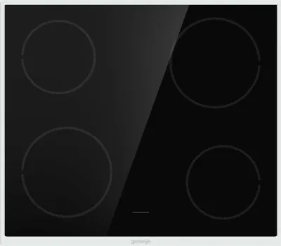 A top-down view of a black electric stovetop with four heating elements, set against a white background.