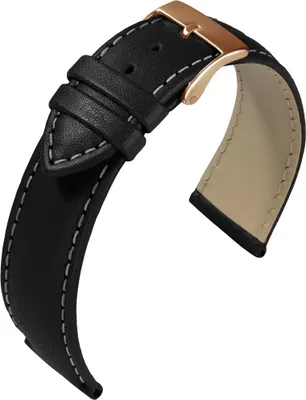Produktbild von Eulit Taurus Uhrenarmband Leder schwarz weiße Naht gepolstert, Stegbreite:18mm, Schließe:Roséfarben