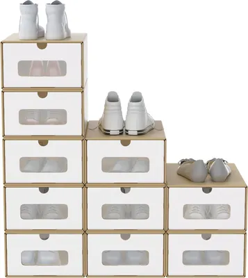 Produktbild von Schubladenboxen, 10 Stück, als stapelbare Schuhorganizer mit Deckel und Sichtfenster, 34.5x23.5x13.5 cm, aus Kraftpapier für Schuhe und Zubehör