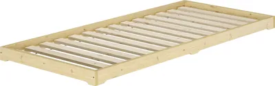 A wooden bed frame with slats, shown from a diagonal angle against a white background.