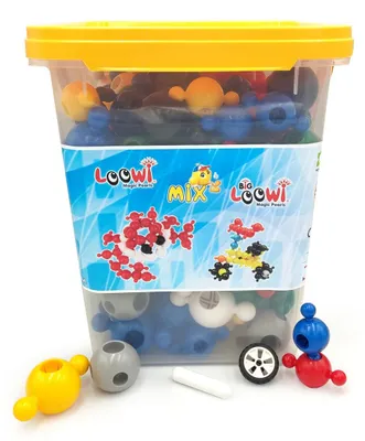 Zdjęcie produktu dla Klocki konstrukcyjne Loowi Big Loowi Mix – 200 elementów (kulki 55 mm i 75 mm, łączniki, kółka, 10 instrukcji montażu w formacie A4) – od 3 lat, certyfikaty CE i EN71