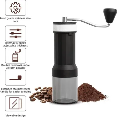 Produktbild von Manuelle Kaffeemuehle fuer den Heimgebrauch, 40-stufig einstellbare Espressomuehle mit durchsichtigem Behaelter, Doppellagerpositionierung mit langer Handkurbel, tragbare Kaffeemuehle fuer Campingreisen
