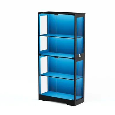 A four-tier glass display cabinet with blue interior lighting.