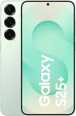 A mint-colored Samsung Galaxy S25+ smartphone is shown from the back and front.