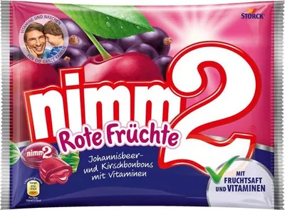 Produktbild von STORCK Nimm2 Rote Früchte, 429 g, Kirsche (Frucht), Johannisbeere, Fruits, Glukosesirup, Zucker, Glukose-Fruktose-Sirup, Säuerungsmittel (Citronensäure, Milchsäure),..., 1586 kJ, 373 kcal, 0,1 g