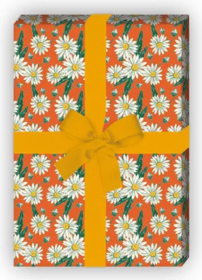 Produktbild von Vintage Blumen Geschenkpapier mit Margeriten Gänseblümchen, orange - G11577, 32 x 48cm