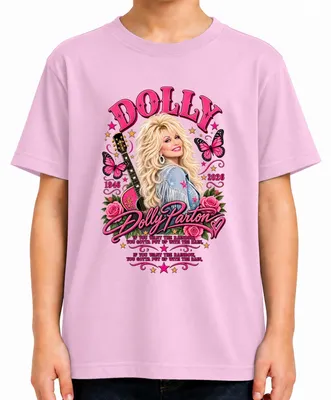 Immagine prodotto di Dolly Parton. In memoria. 1946-2026. Leggenda della musica country. Riposa in pace. Maglietta per bambini, rosa, taglia 128