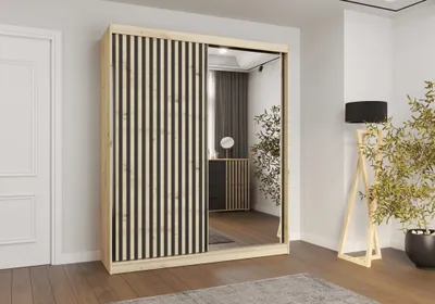 Produktbild von Easy4You Verona Eiche Artisan Schiebetürenschrank Kleiderschrank 203x218x61 cm mit Spiegel - Schlafzimmermöbel, Aufbewahrung – Mehrzweckschrank mit Kleiderstange und Lamellen