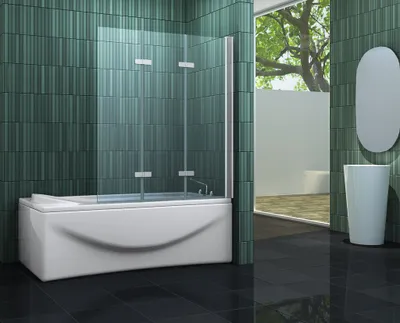 A modern bathroom with a bathtub and shower screen.