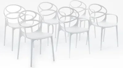 Immagine prodotto di set di 6 sedie impilabili con braccioli in resina rinforzata con fibra di vetro per spazi esterni, giardini, bar e ristoranti - design moderno - CHARLOTTE - Bianco