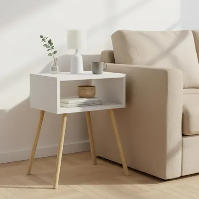 Produktbild von Nachttisch mit offenem Fach Skandinavisches Design Massivholz-Beine Beistelltisch Schlafzimmer Wohnzimmer 44x29x66,5 cm (Weiß)