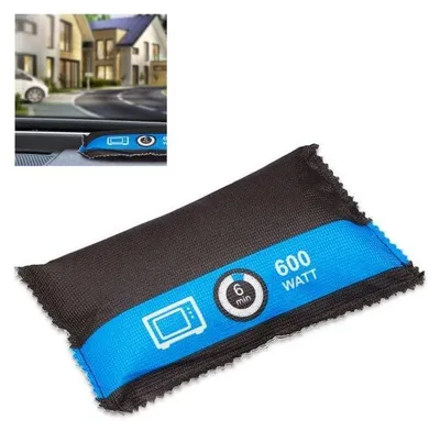 A product shot of a car dehumidifier bag, with a smaller inset image showing it placed on a car dashboard.