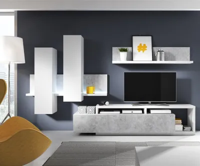 Produktbild von Wohnwand inkl. LED Beleuchtung BEXLEY-83 in Beton Optik mit Absetzungen in weiß, B/H/T: ca. 300/200/45 cm