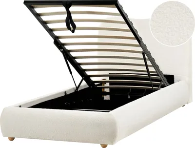 Produktbild von BELIANI Bett mit Bettkasten Cremeweiß Bouclé Gepolstert 90 x 200 cm Lattenrost Hochklappbar Hohes Kopfteil Modern Schlicht Schlafzimmer Polsterbett