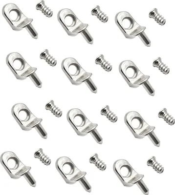 A grid of metal shelf pins and screws on a white background.