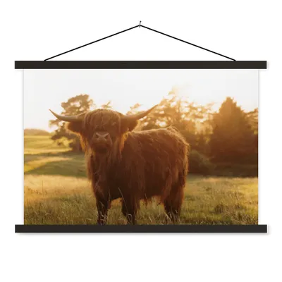 Produktbild von MuchoWow® Textilposter Schottischer Hochländer - Gras - Sonne 90x60 cm mit schwarzem Rahmen - Aufhängungssatz