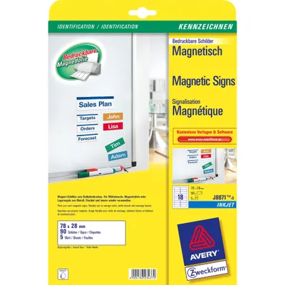 Produktbild von Magnetetikett Avery® - 28 mm Breite x 78 mm Länge - Oval - Tintenstrahl - Weiß - 18 / Blatt - 90