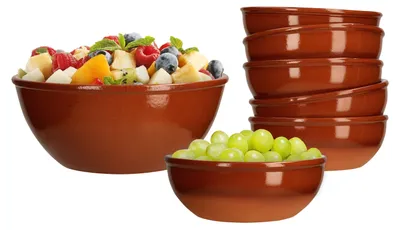 Produktbild von 7tlg. Schalen-Set: Salat-Schale groß 1L + 6 kleine Suppen-Schälchen 350 ml braun glasiert Ton