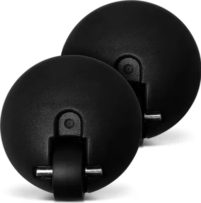 Two black caster wheels for a vacuum cleaner.