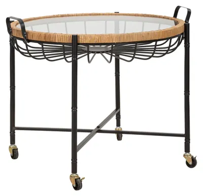 Image de Table basse Cebu 70,5 x 65 x 57 cm - Table basse avec plateau en verre, structure en rotin et roulettes - Style bohème chic moderne