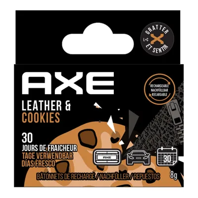 Produktbild von AXE Refillable Vent Leather + Cookies, Lüfterstaberfrischer, Vent, Schwarz, Aluminium, 30 Tag(e), Karton mit Aufhänger