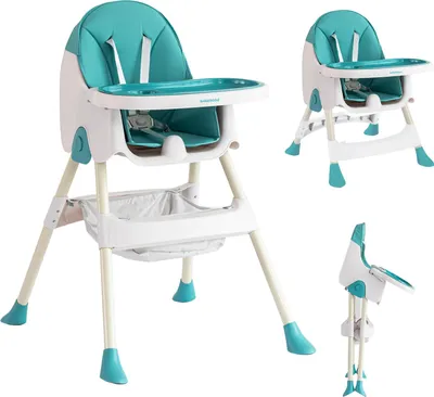 Produktbild von K IKIDO Hochstuhl Baby, 3in1 Kinderhochstuhl, Klappbarer Esszimmerstuhl, Korb, 5-Punkt-Sicherheitsgurt, Babystuhl für baby ab 6 Monaten, blau