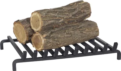 A fireplace grate with logs on it, photographed against a white background.