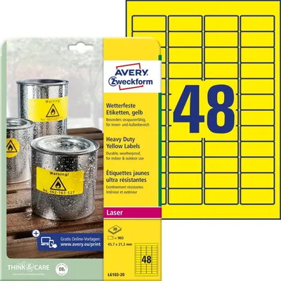 Produktbild von Avery Zweckform L6103-20 Wetterfeste Folien-Etiketten, 45,7 x 21,2 mm, 20 Bogen/960 Etiketten, gelb