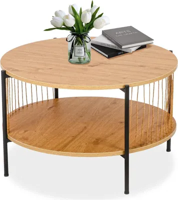 Produktbild von Runder Couchtisch Holz mit gewebten Papierquasten, Metallrahmen - Wohnzimmer Beistelltisch