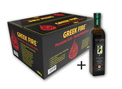Produktbild von GREEK FIRE Premium Grill Holzkohlebriketts 10 kg + Greek Fire Premium Olivenöl 500ml Set